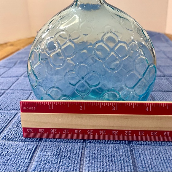 Hand Blown Blue Glass Bottle Raised Diamond Shaped Design 5.5” Tall Light Blue - Picture 8 of 9